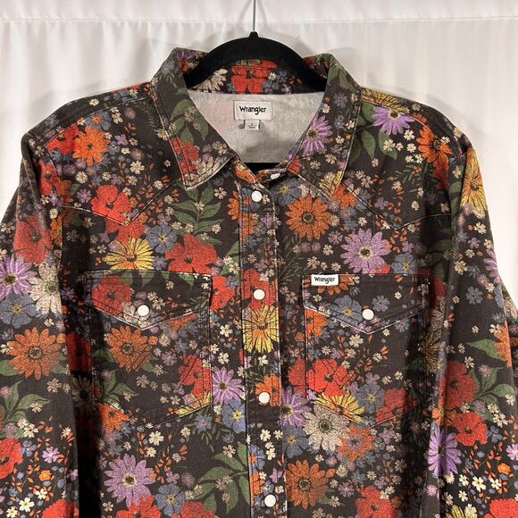 Wrangler Pearl Snap Denim Shacket Women's Large Brown Orange Floral Long Sleeve - Picture 2 of 7